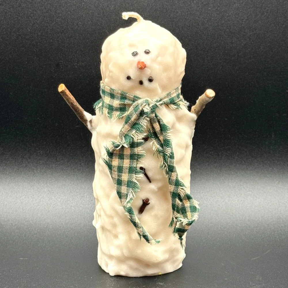 Rustic Snowman Pillar Candle Primitive Holiday Decor Plaid Scarf Stick Arms